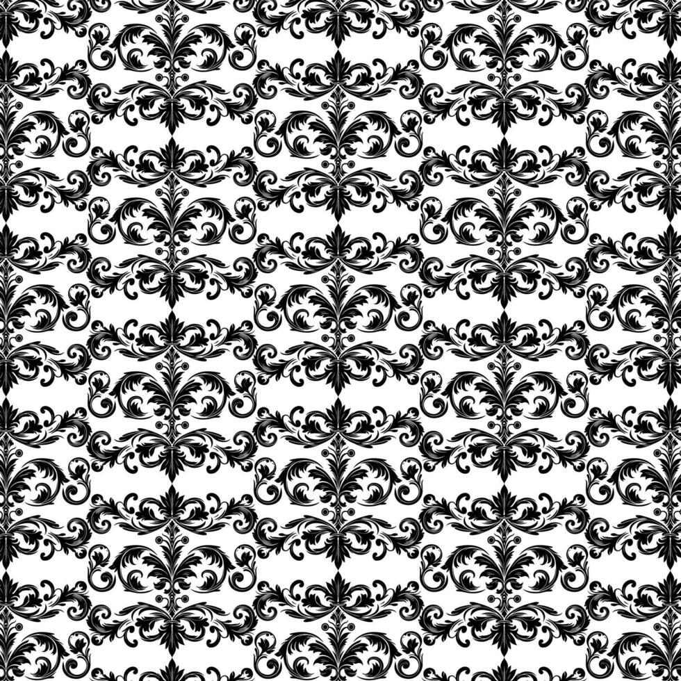 Damask Fabric textile seamless pattern Luxury decorative  Ornamental floral divider Black line vintage decoration element white Background. Curtain, carpet, wallpaper, clothing, wrapping, textile vector