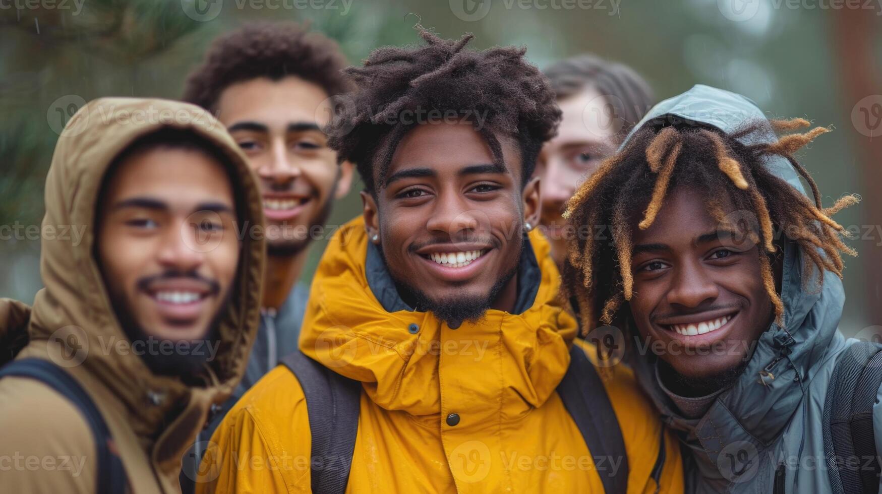 AI generated A reusable young group of happy people takes a selfie photo on a camera outside