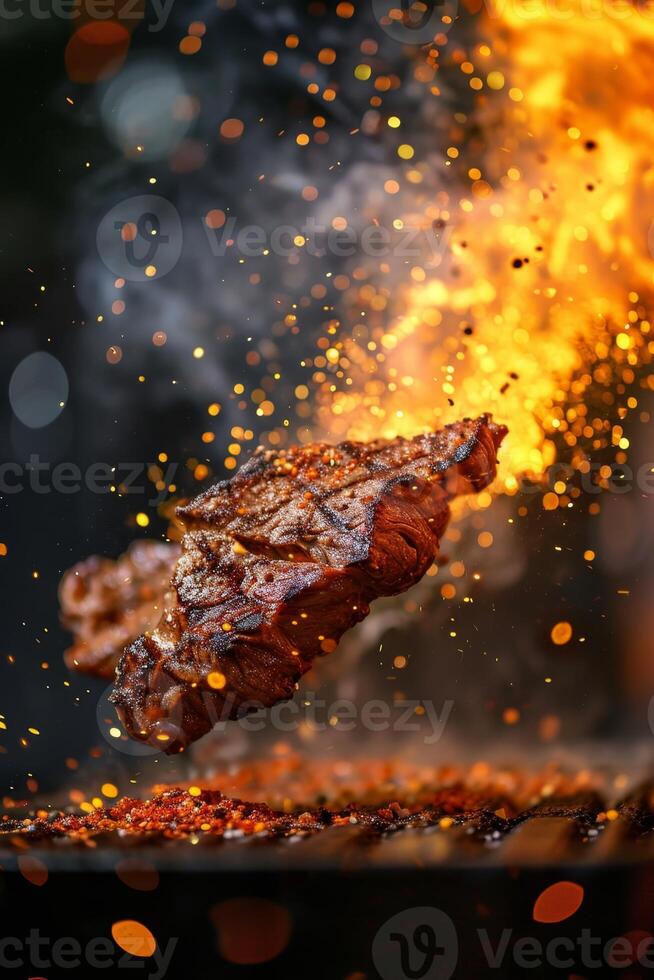 AI generated A hearty steak on fire, sizzling on a hot grill photo