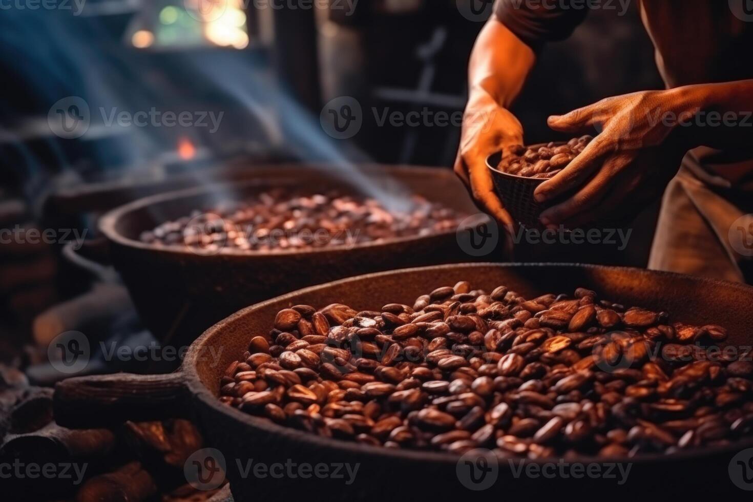 AI generated Freshly roasted coffee in production. A worker checks the roasting of coffee photo