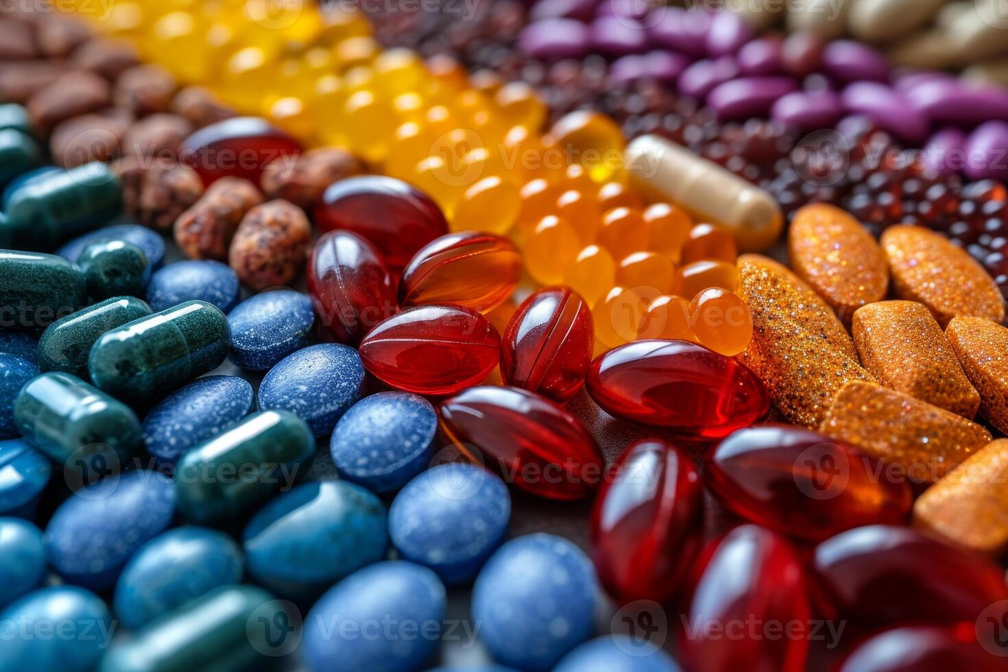 AI generated Close-up of vitamin capsules and dietary supplements. Including vitamin C, vitamin E, vitamin D3, salmon oil, fish oil and coenzyme Q10 capsules photo