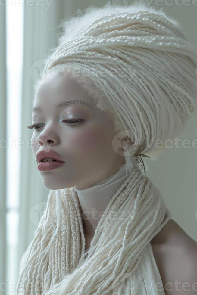 AI generated Portrait of an albino African girl with white hair close-up photo