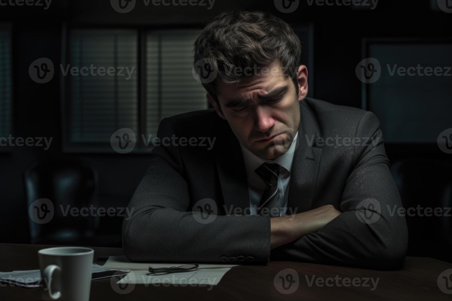 AI generated A bored sad man in a formal suit on a dark background photo