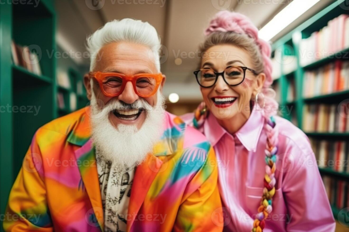 AI generated a happy cheerful elderly man with a beard is looking for information in books in the library photo