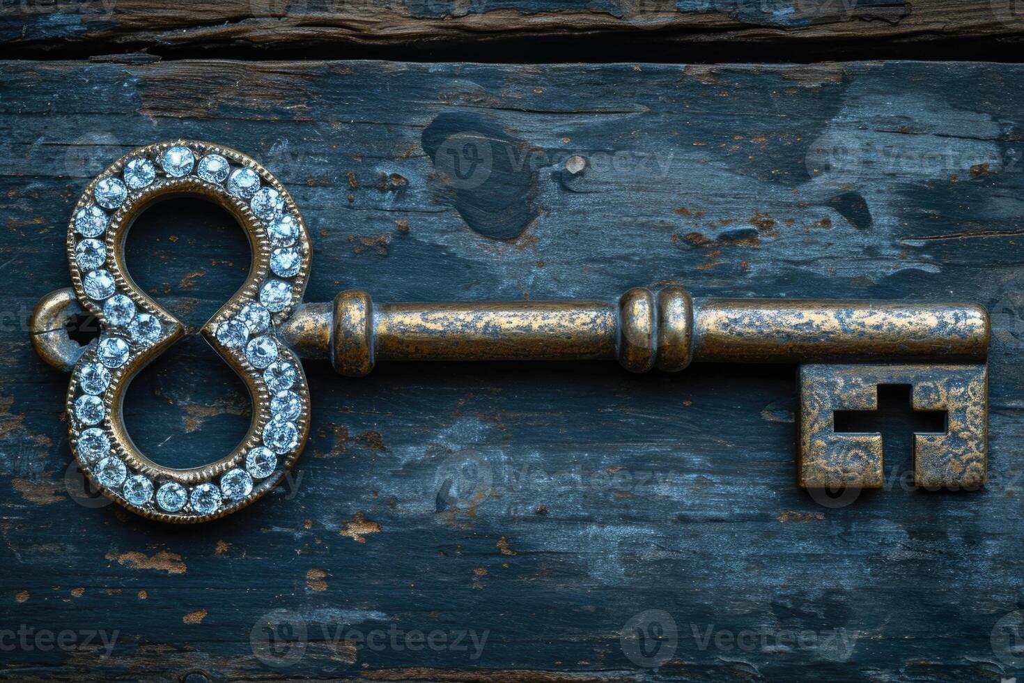 AI generated An old designer key with a lock decoration lies on a wooden background photo