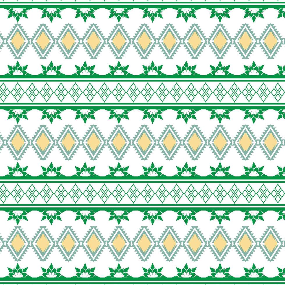 Tribal traditional fabric batik ethnic of ikat floral seamless pattern of green leaves Spring geometric repeating Vector Design on a white background