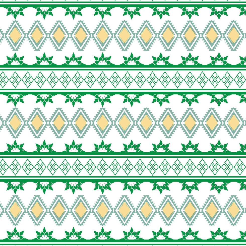 Tribal traditional fabric batik ethnic of ikat floral seamless pattern of green leaves Spring geometric repeating Vector Design on a white background