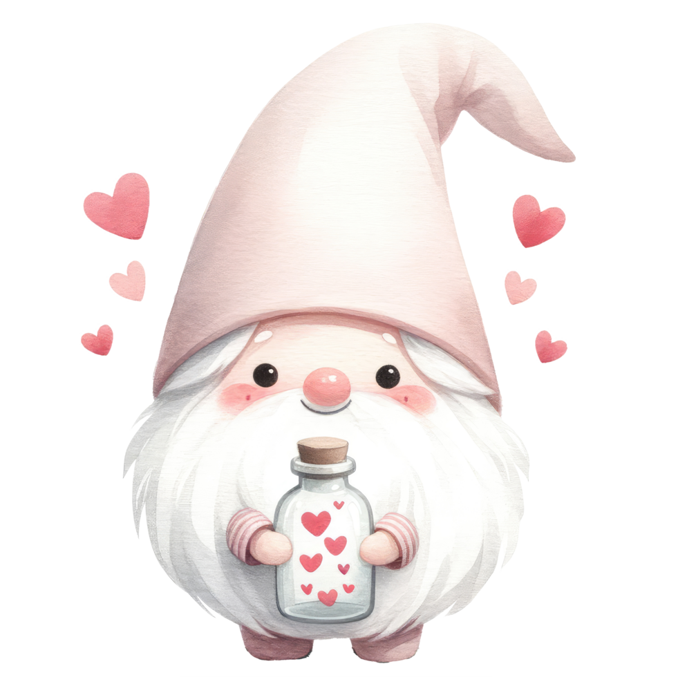 AI generated A charming illustration of a cute gnome with a pink dress in valentine's day. png
