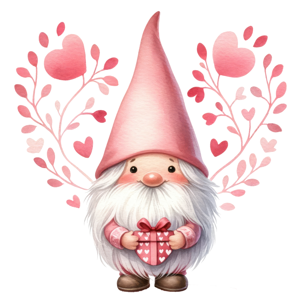 AI generated A charming illustration of a cute gnome with a pink dress in valentine's day. png