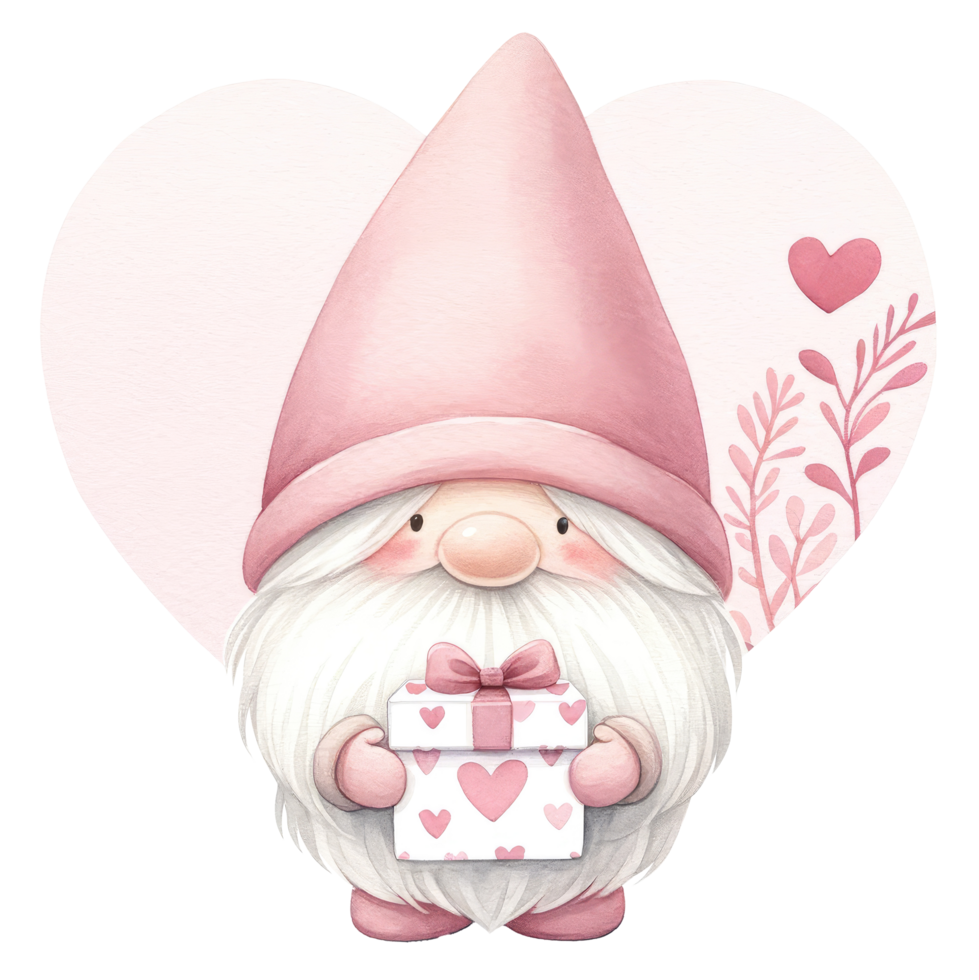 AI generated A charming illustration of a cute gnome with a pink dress in valentine's day. png