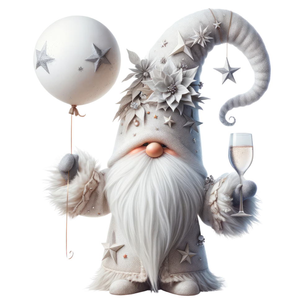 AI generated Gnome in white clothes celebrates the New Year. png