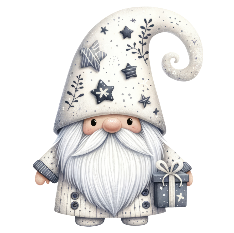 AI generated Gnome in white clothes celebrates the New Year. png