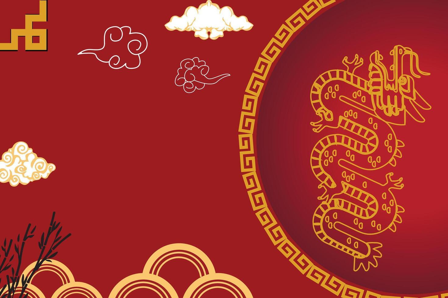 Chinese New Year 2024 with a modern art design style with red and gold Chinese decorations, suitable for posters, banners or social media posts for lunar new year celebrations. vector