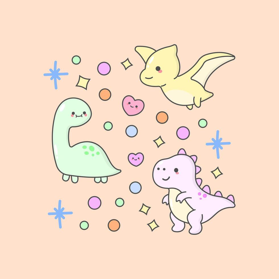 Vector Dinosaurus Tyrannosaurus Brachiosaurus Pterosaurus with cute facial expressions and pastel colour