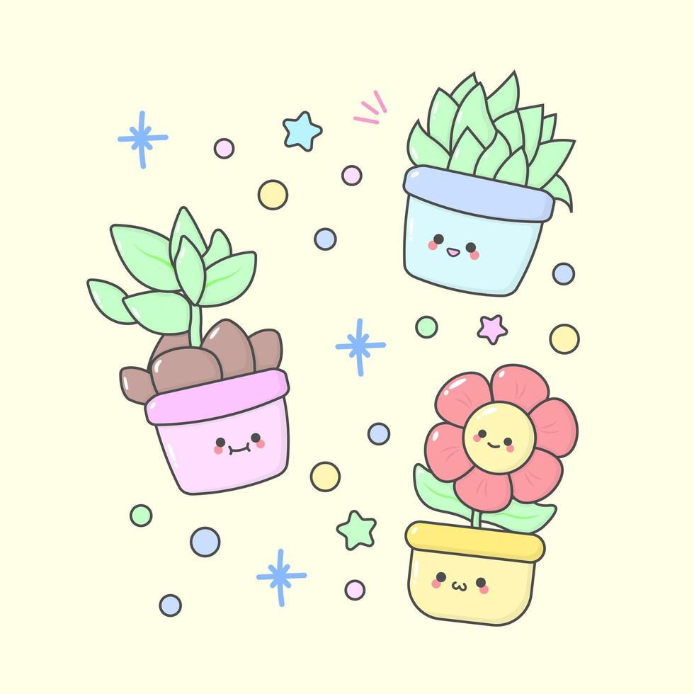 Vector Plant Pot Cactus with cute facial expressions and pastel colour