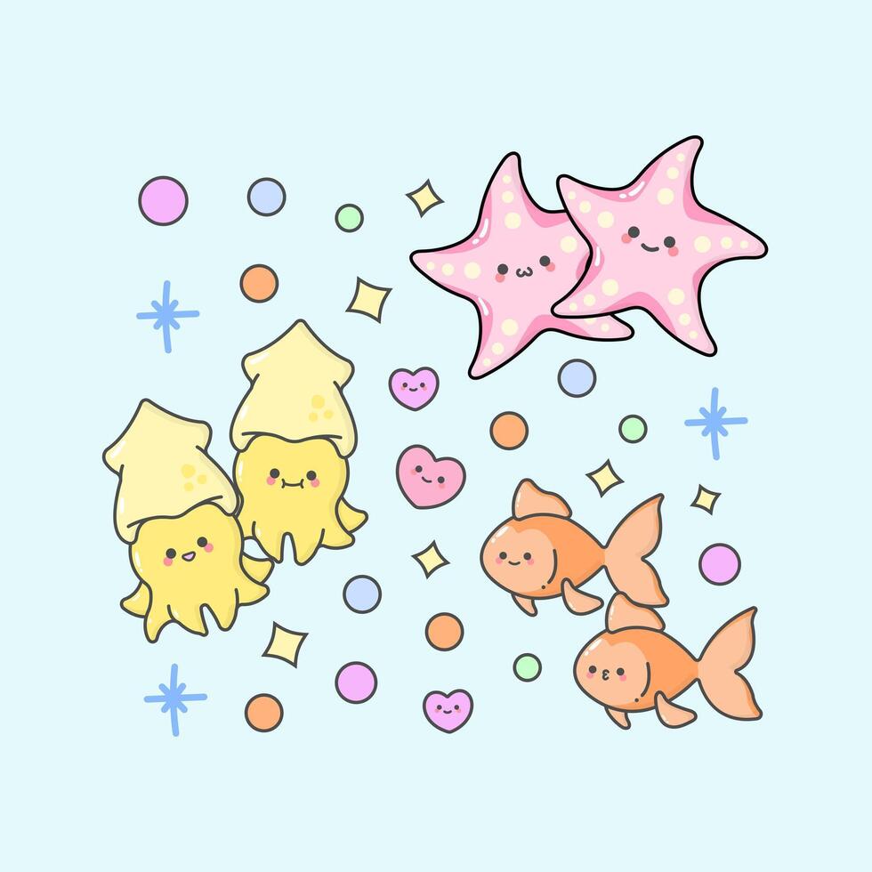 Vector Underwater Sea Animal Sea Star Squid Fish with cute facial expressions and pastel colour