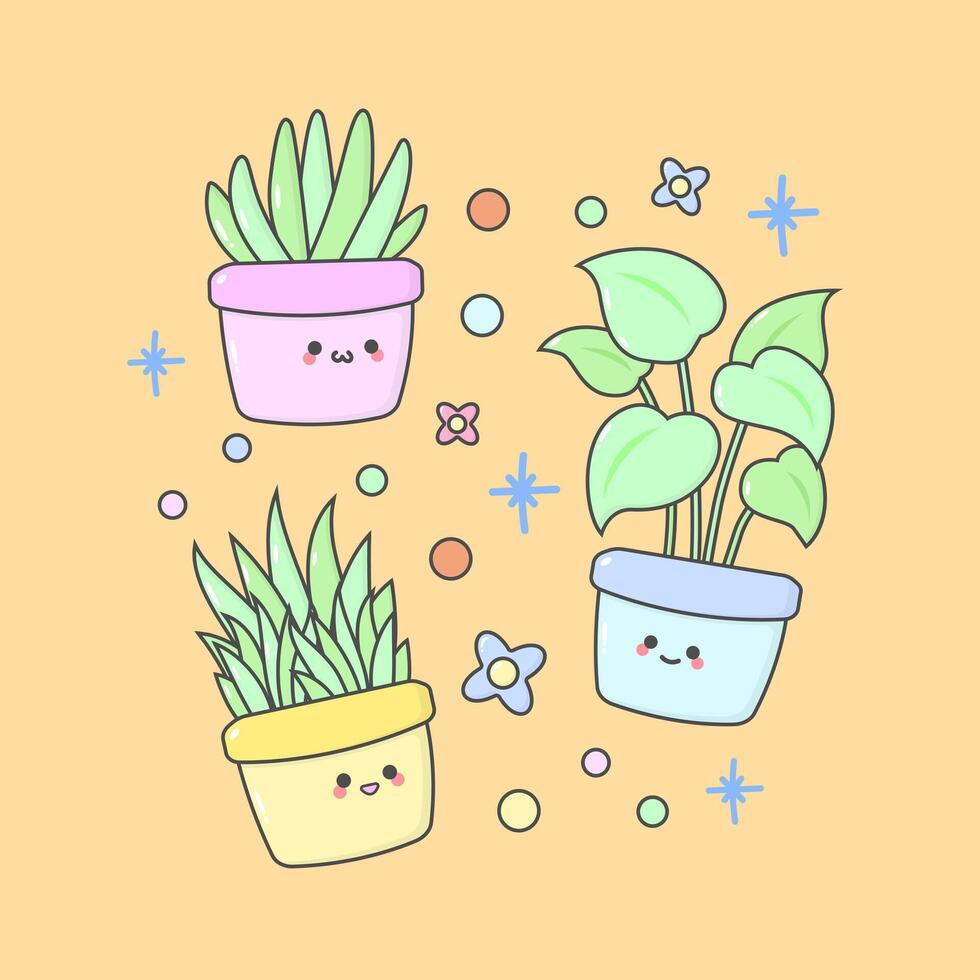 Vector Plant Pot Botanical with cute facial expressions and pastel colour