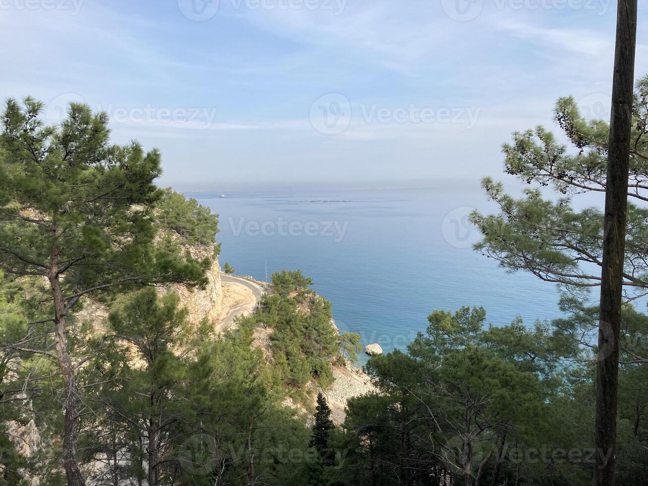 Abandoned scenic old road along the sea and cliffs, view from above from the cliff through the trees photo