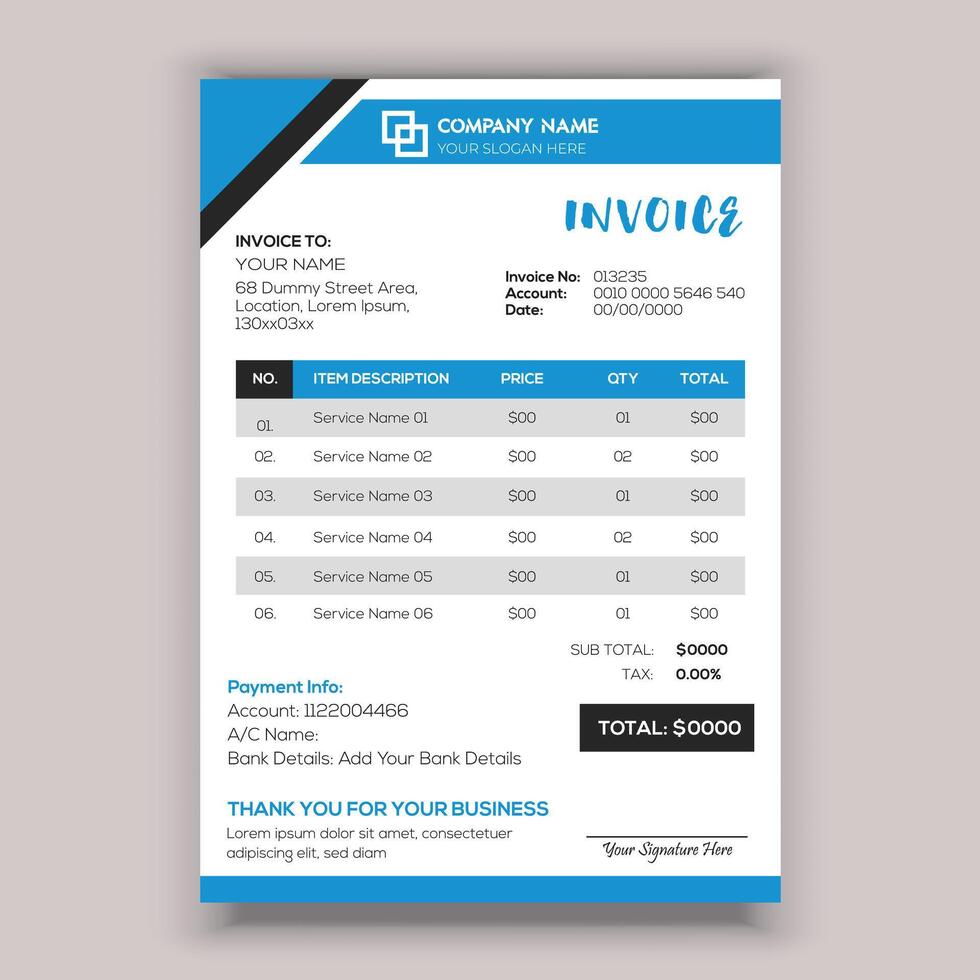 Professional Corporate Business Invoice Template Design, Elegant Business Stationery Design. vector