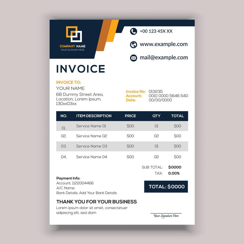 Professional Corporate Business Invoice Template Design, Elegant Business Stationery Design. vector