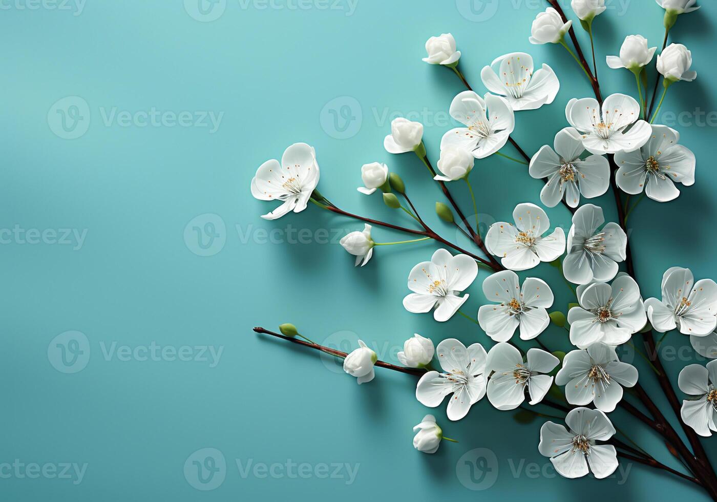 AI generated Minimalist background with cherry blossom with spring colors for invitation card. Wedding, Mother's Day, Valentine's Day or other events photo
