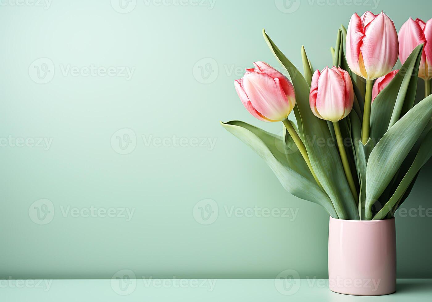 AI generated Minimalist background with tulips in spring colors for invitation card. Wedding, Mother's Day, Valentine's Day or other events photo