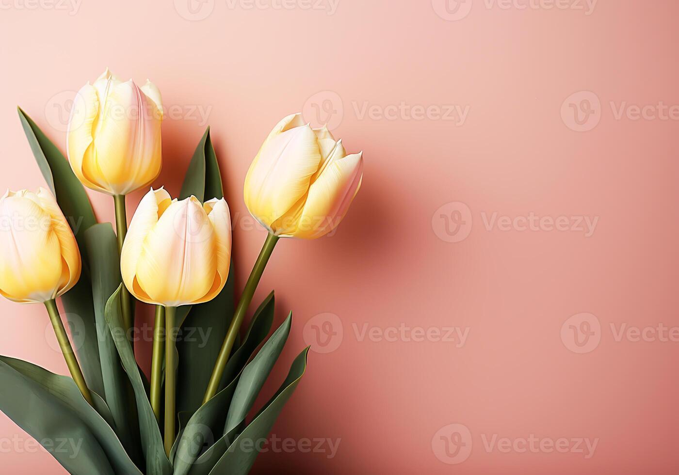 AI generated Minimalist background with tulips in spring colors for invitation card. Wedding, Mother's Day, Valentine's Day or other events photo