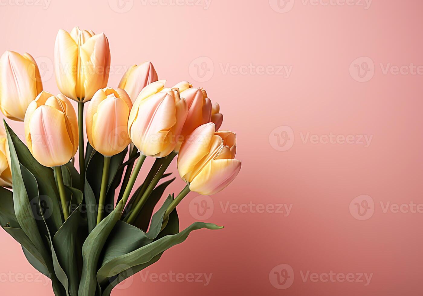 AI generated Minimalist background with tulips in spring colors for invitation card. Wedding, Mother's Day, Valentine's Day or other events photo