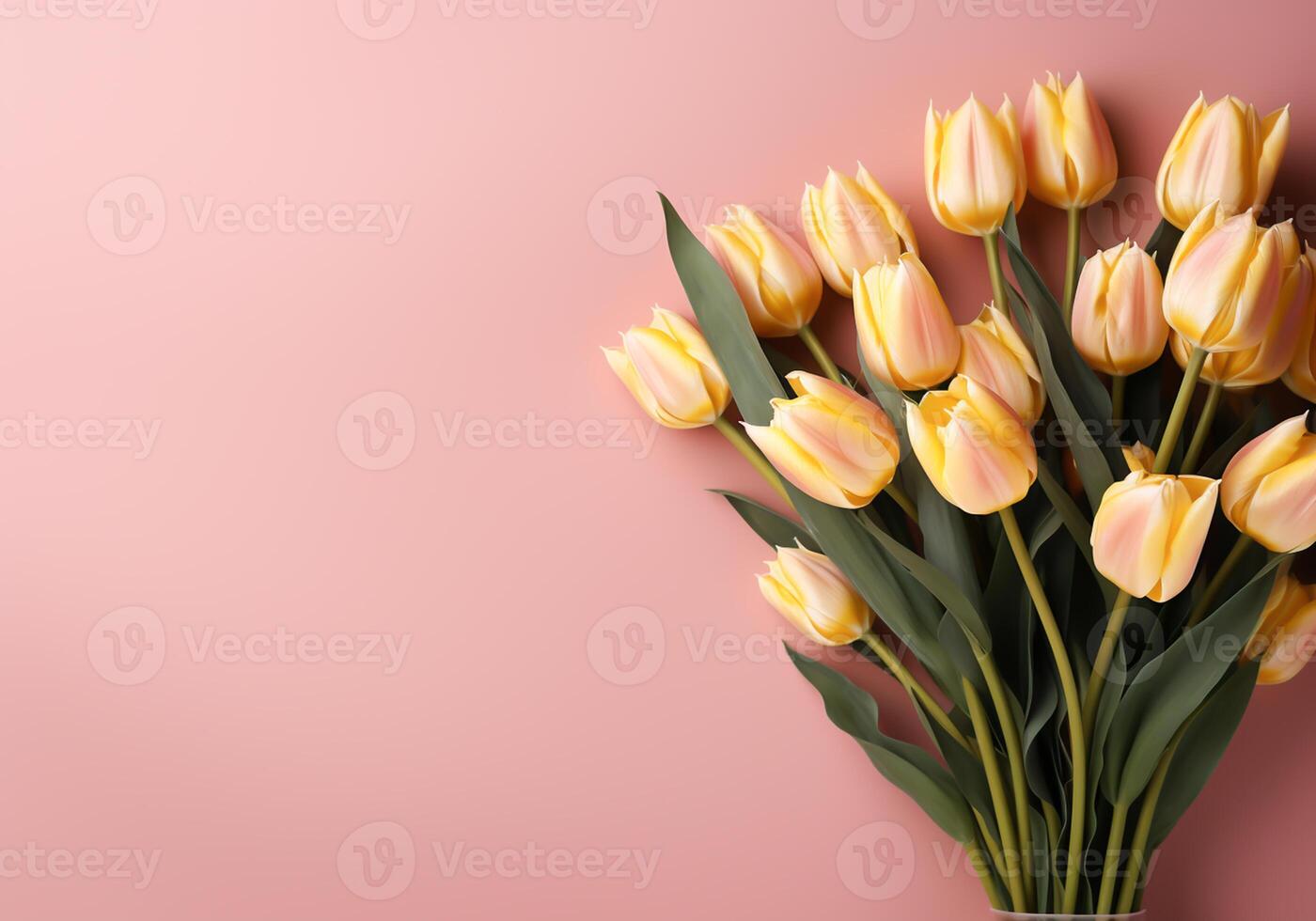 AI generated Minimalist background with tulips in spring colors for invitation card. Wedding, Mother's Day, Valentine's Day or other events photo