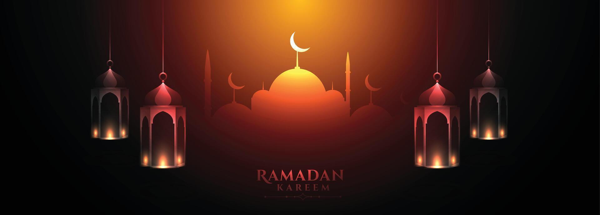 glowing ramadan kareem arabic greeting banner design vector
