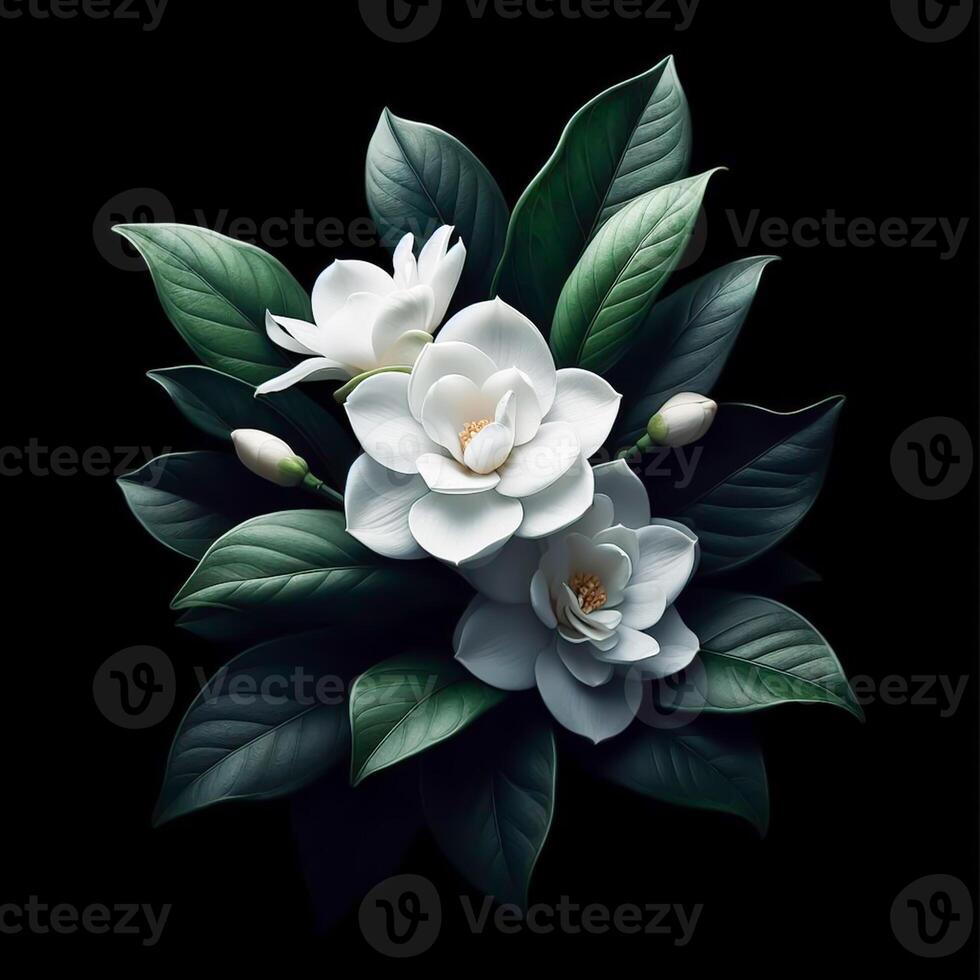 AI generated Gardenia isolated on black background. Flowers and plants in spring. photo