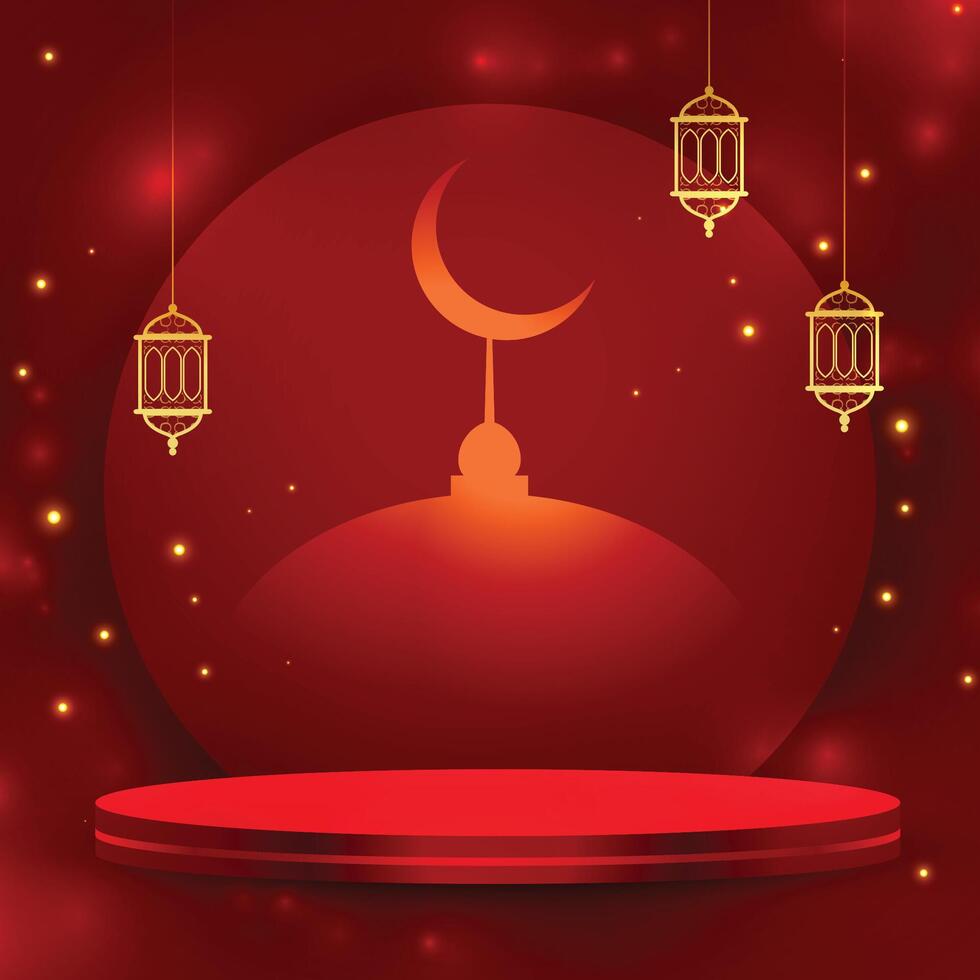 3d podium platform celebrate eid al-adha red background with lamp vector