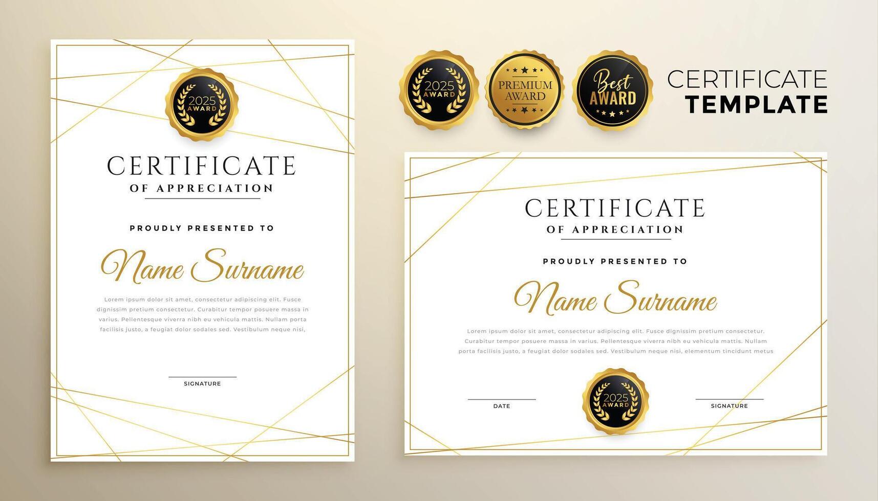 stylish white certificate template with golden lines design vector