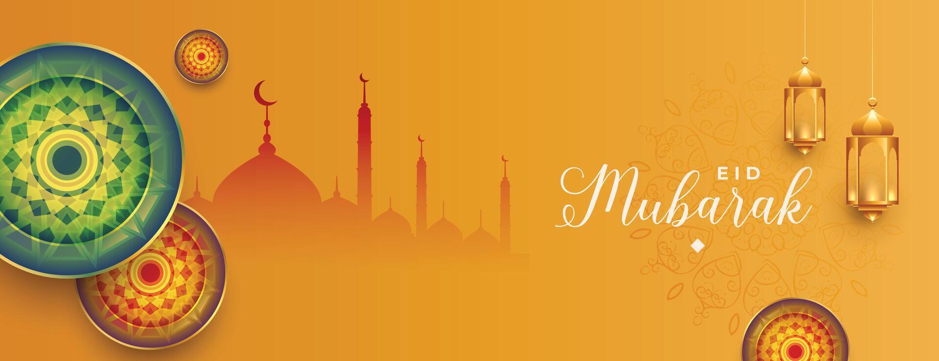 eid mubarak islamic banner with lantern and mosque vector