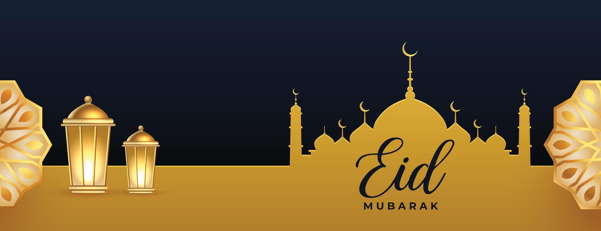 eid Mubarak islámico fiesta bandera con realista lámpara vector