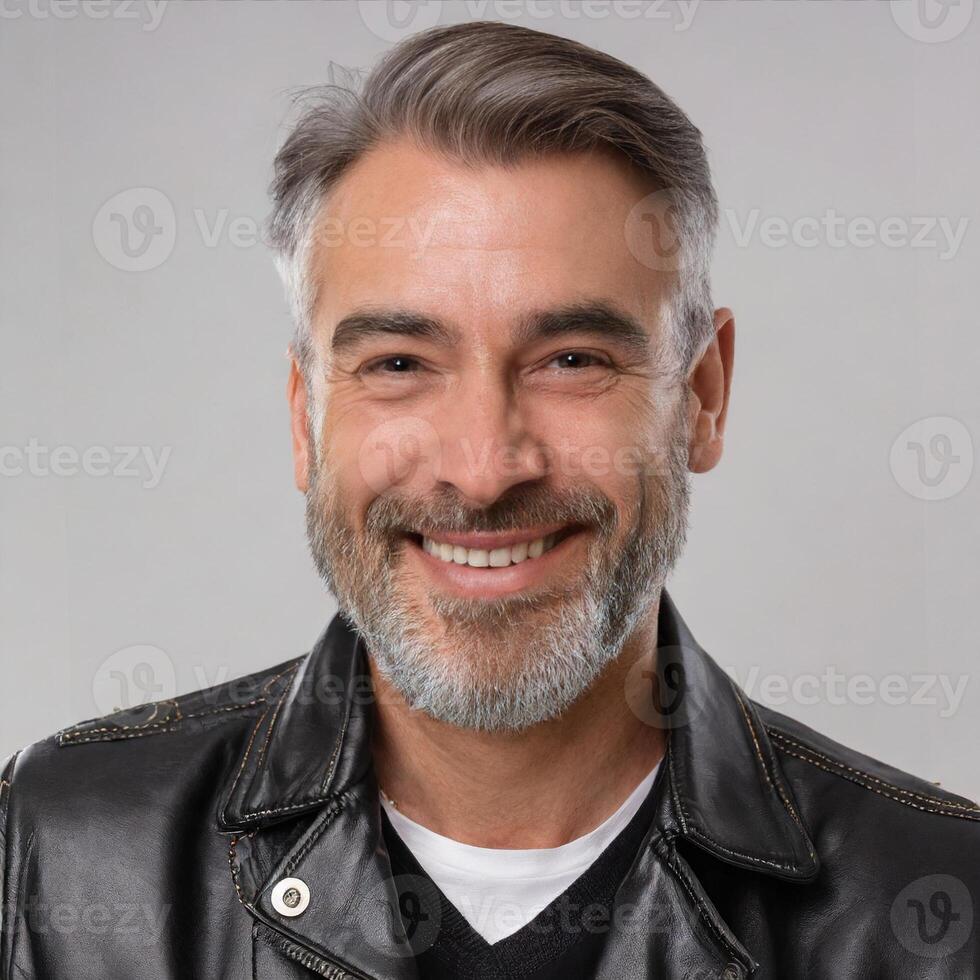 AI generated Mature man healthy teeth open smile, stylish adult in leather jacket, health care concept photo