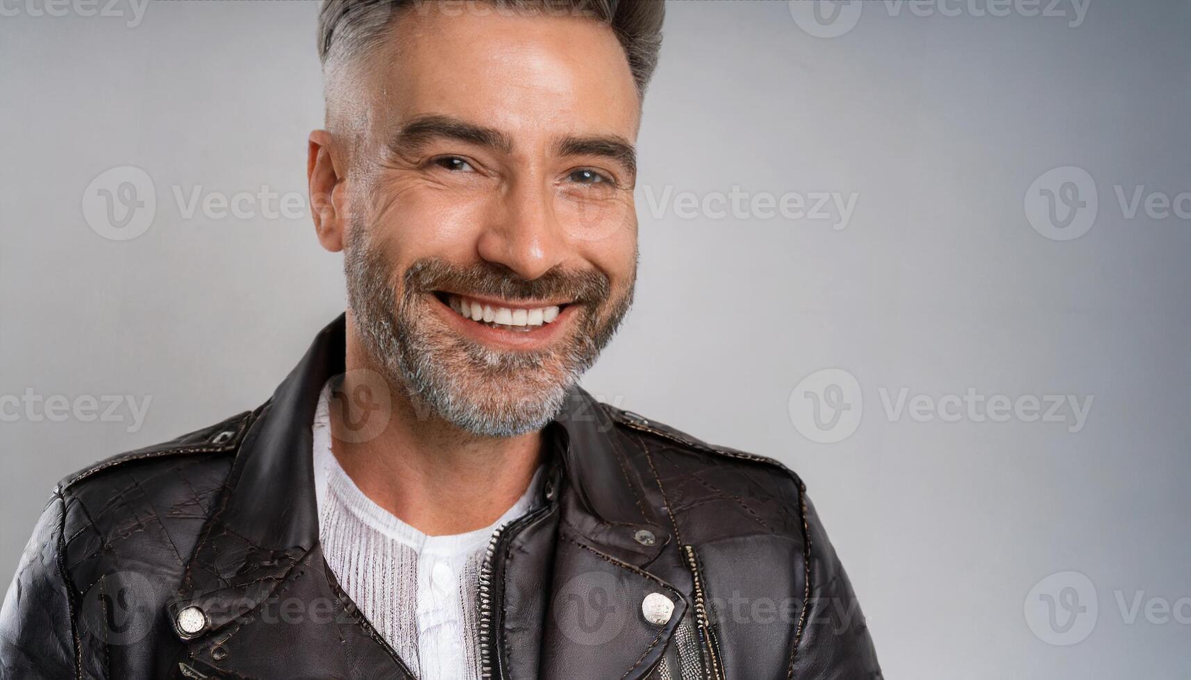 AI generated Mature man healthy teeth open smile, stylish adult in leather jacket, health care concept photo