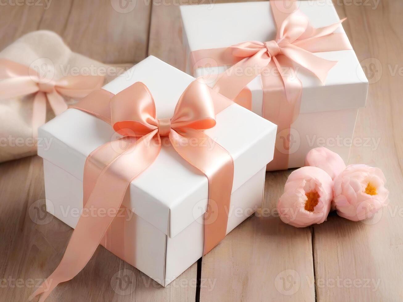 AI generated White gift boxes with peach ribbon on wooden background. Holiday present boxes, tied with wrapping ribbon photo