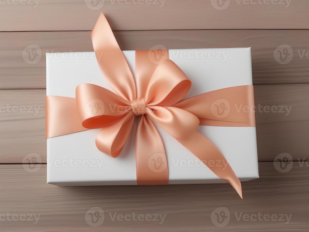 AI generated White gift boxes with peach ribbon on wooden background. Holiday present boxes, tied with wrapping ribbon photo