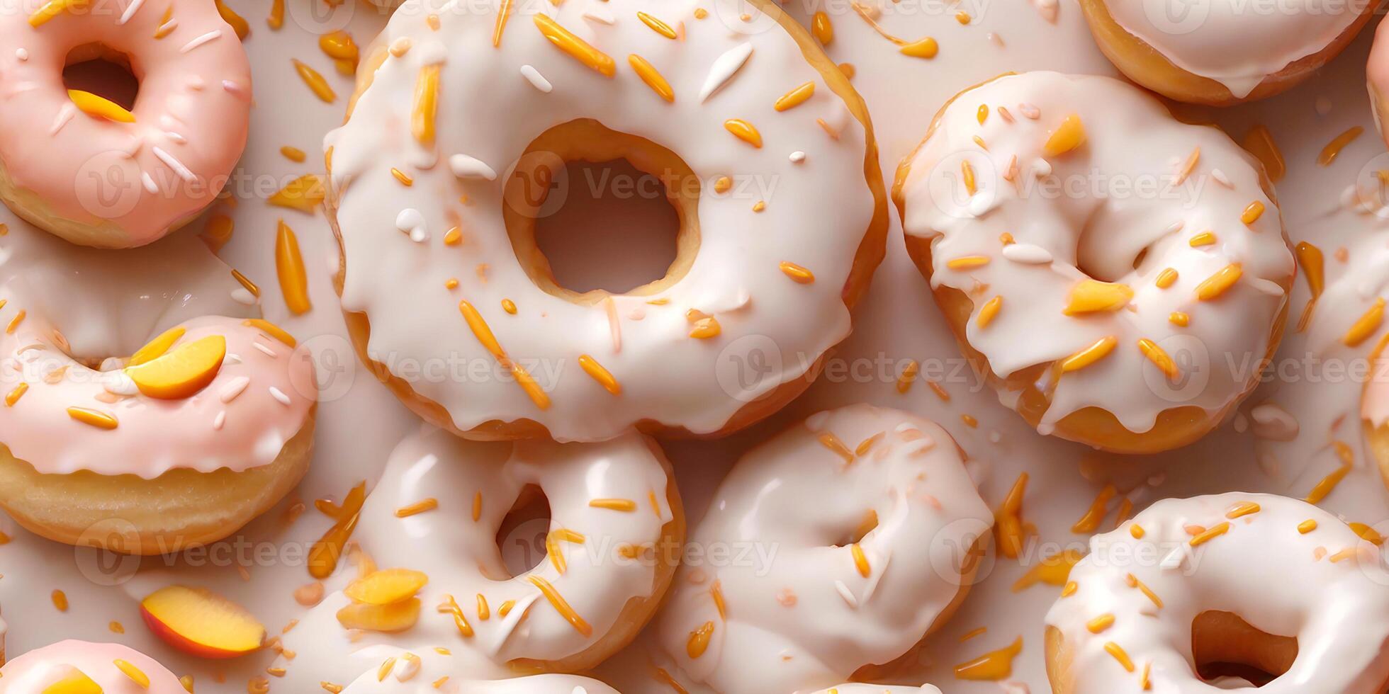 AI generated Close-up view of delicious donuts with icing and sprinkles in trendy peach fuzz colors photo