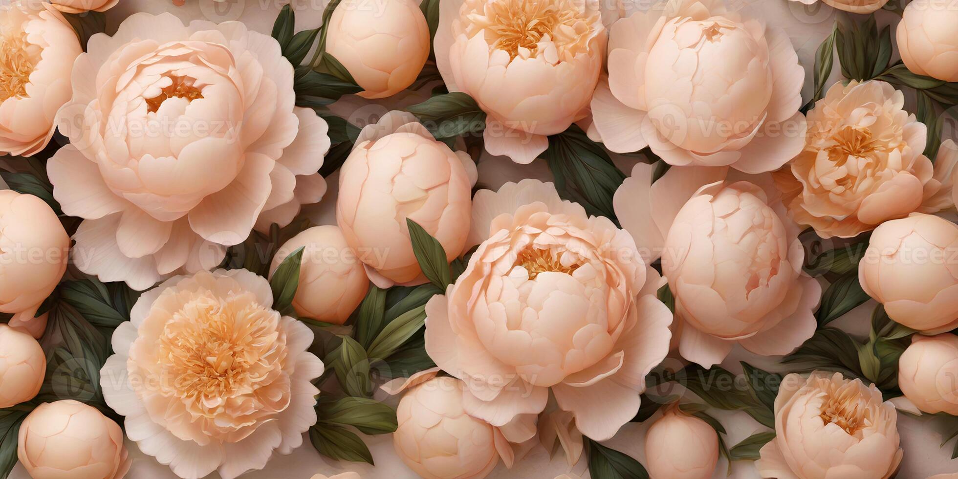 AI generated A close up of peach and white peonies, top view. Floral background for holiday banners, posters, cards photo