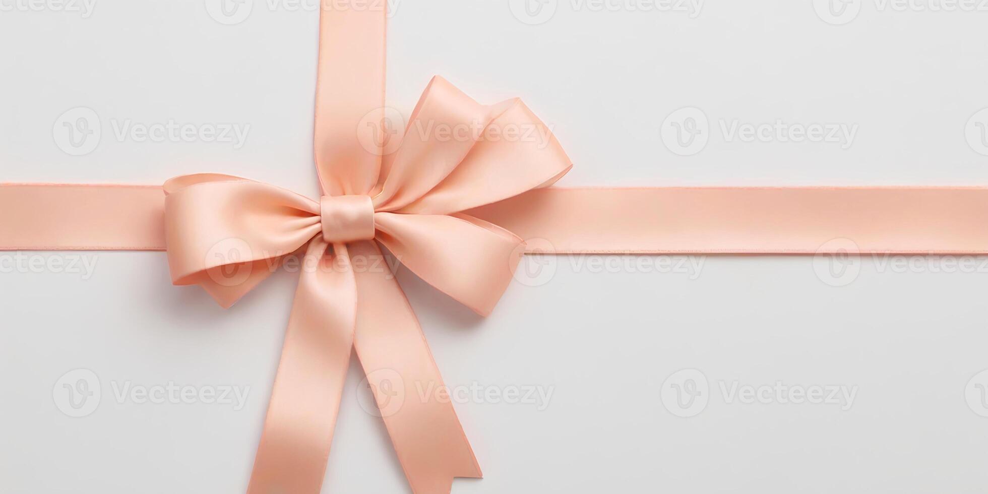 AI generated Beautiful peach satin ribbon with bow for gift decor on white photo