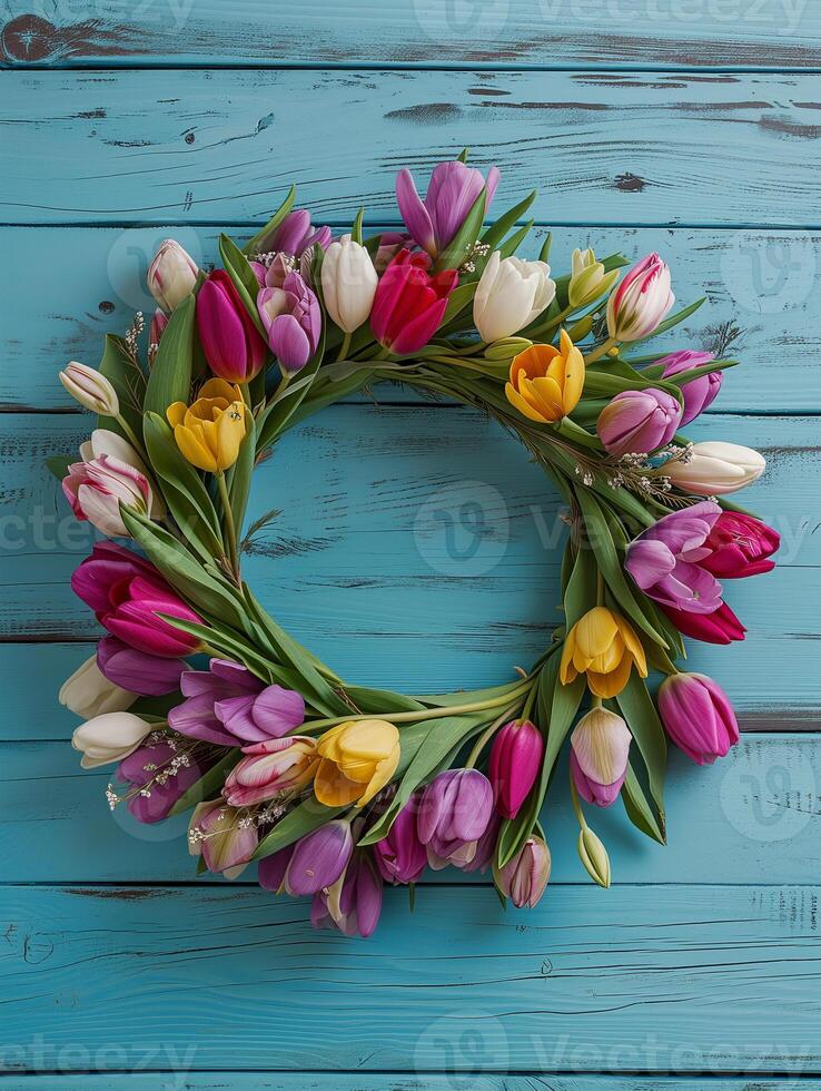 AI generated Spring wreath made with tulips isolated on blue wooden background. photo