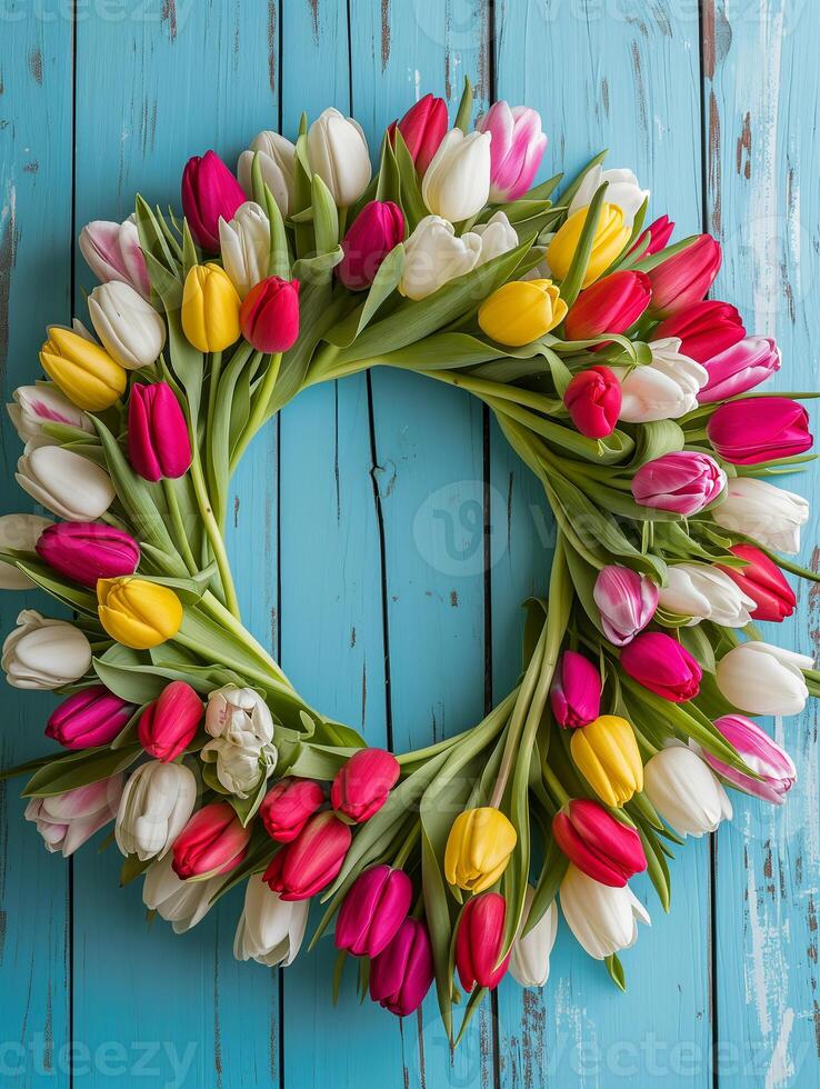 AI generated Spring wreath made with tulips isolated on blue wooden background. photo