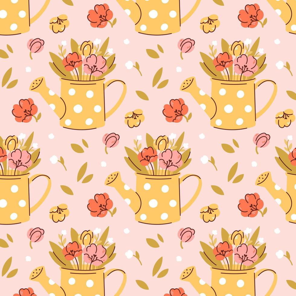 Seamless pattern. Garden watering cans with delicate flowers Childish print vector