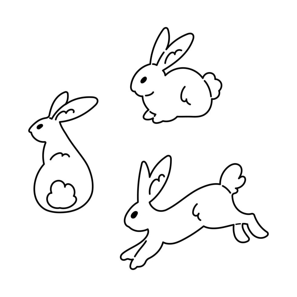 Simple style Easter bunny set. Outline drawing of Easter bunny black and white minimalist hand drawn vector illustration. Isolated on white background.