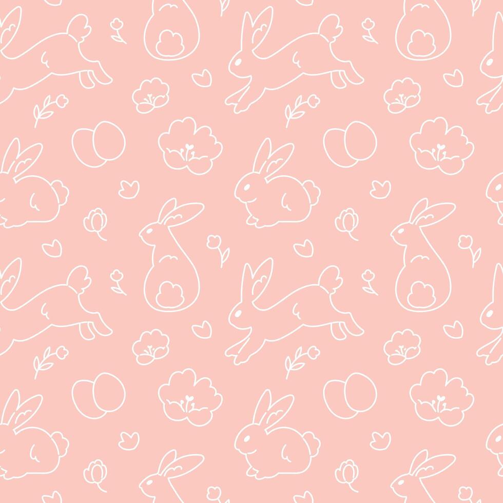 Cute hand drawn Easter seamless pattern with bunnies, flowers, easter eggs, beautiful background, great for Easter Cards, banner, textiles, wallpapers - vector design