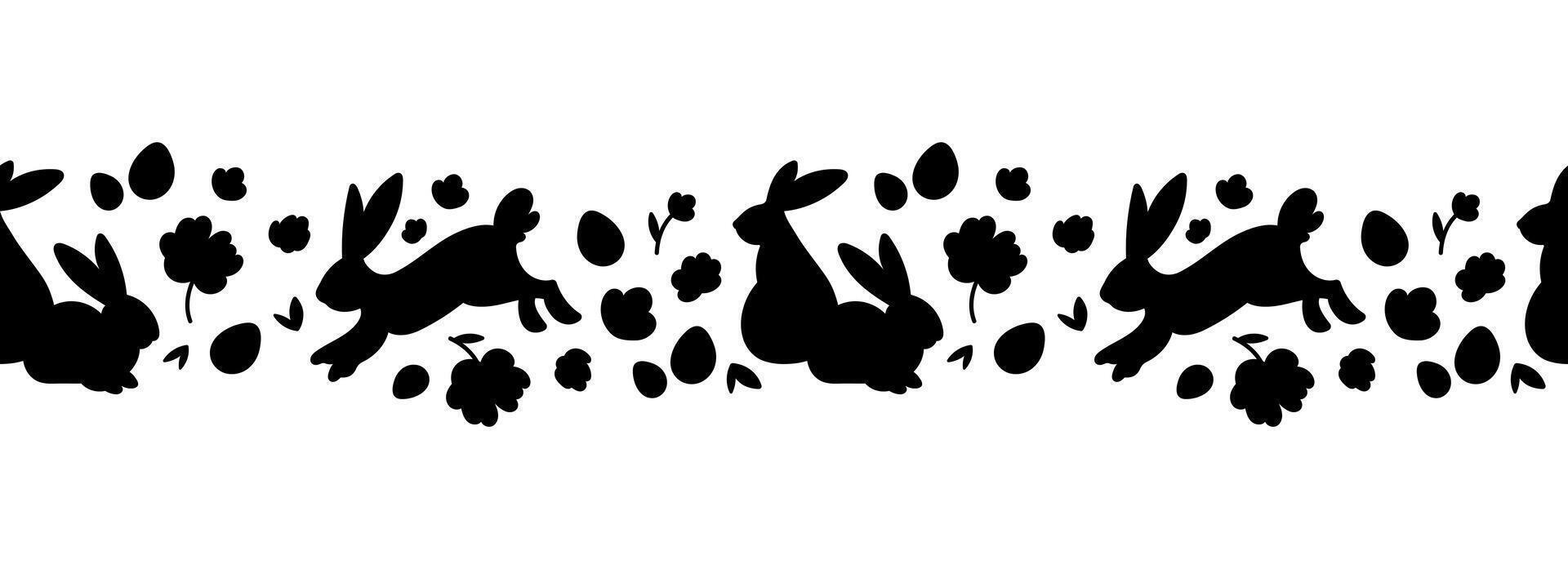 Lovely handmade Easter horizontal seamless pattern. Cute doodles. Silhouettes of rabbits, flowers, Easter eggs. Suitable for textiles, banners, wallpapers, packaging - vector design