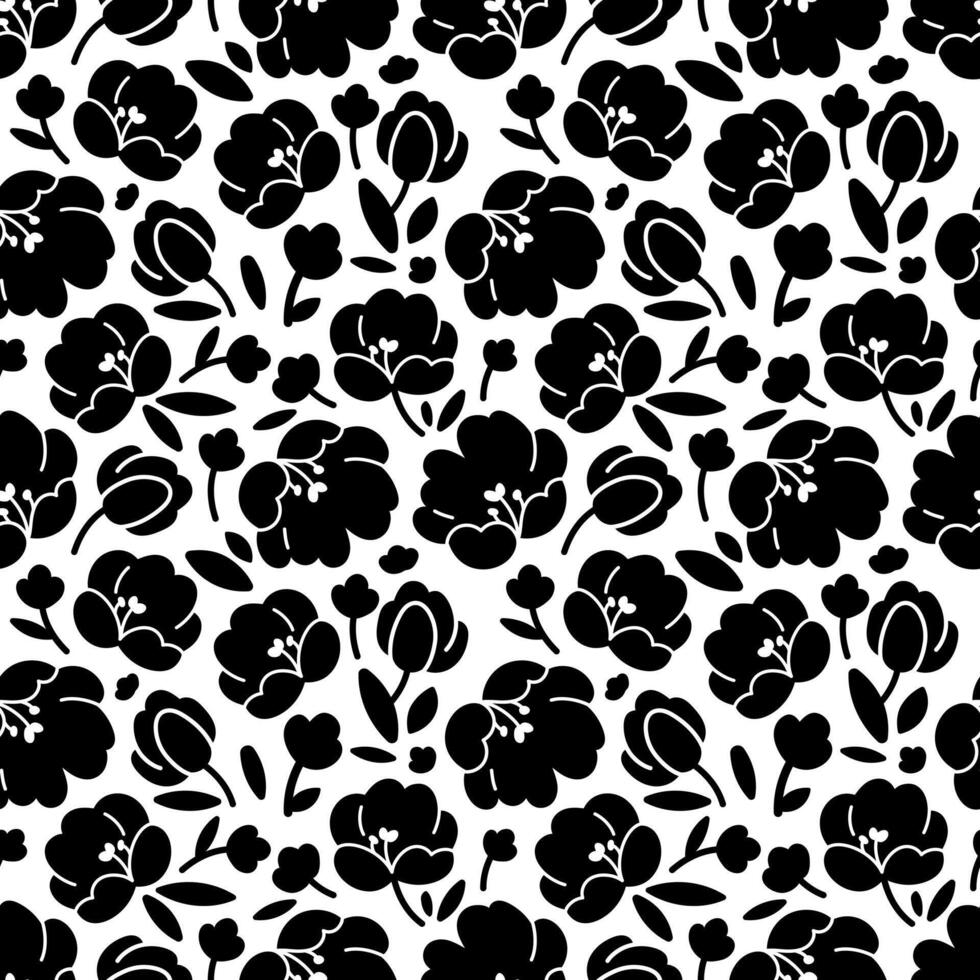 Flat vector seamless pattern with black tulip poppy flowers. Vector design in black and white colors. Digital image illustration for wrapping paper or clothing factory with textile printing