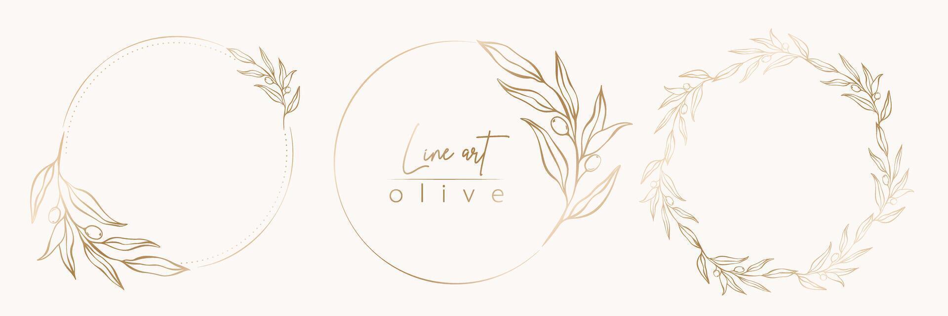 Botanical line illustration set of olive leaves, branch wreath for wedding invitation and cards, logo design, web, social media and posters template. Elegant minimal style floral vector isolated.